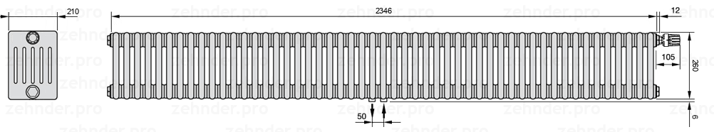 Схема (чертеж) Радиатор Zehnder Charleston 6026/51 №V008 Белый глянцевый RAL 9016
